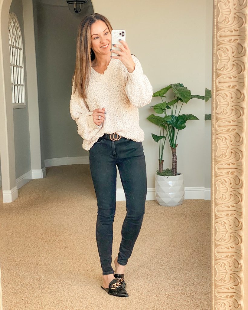 Textured Knit Sweater with Gold Belt for Casual Chic — Winter Outfits for Women Over 40