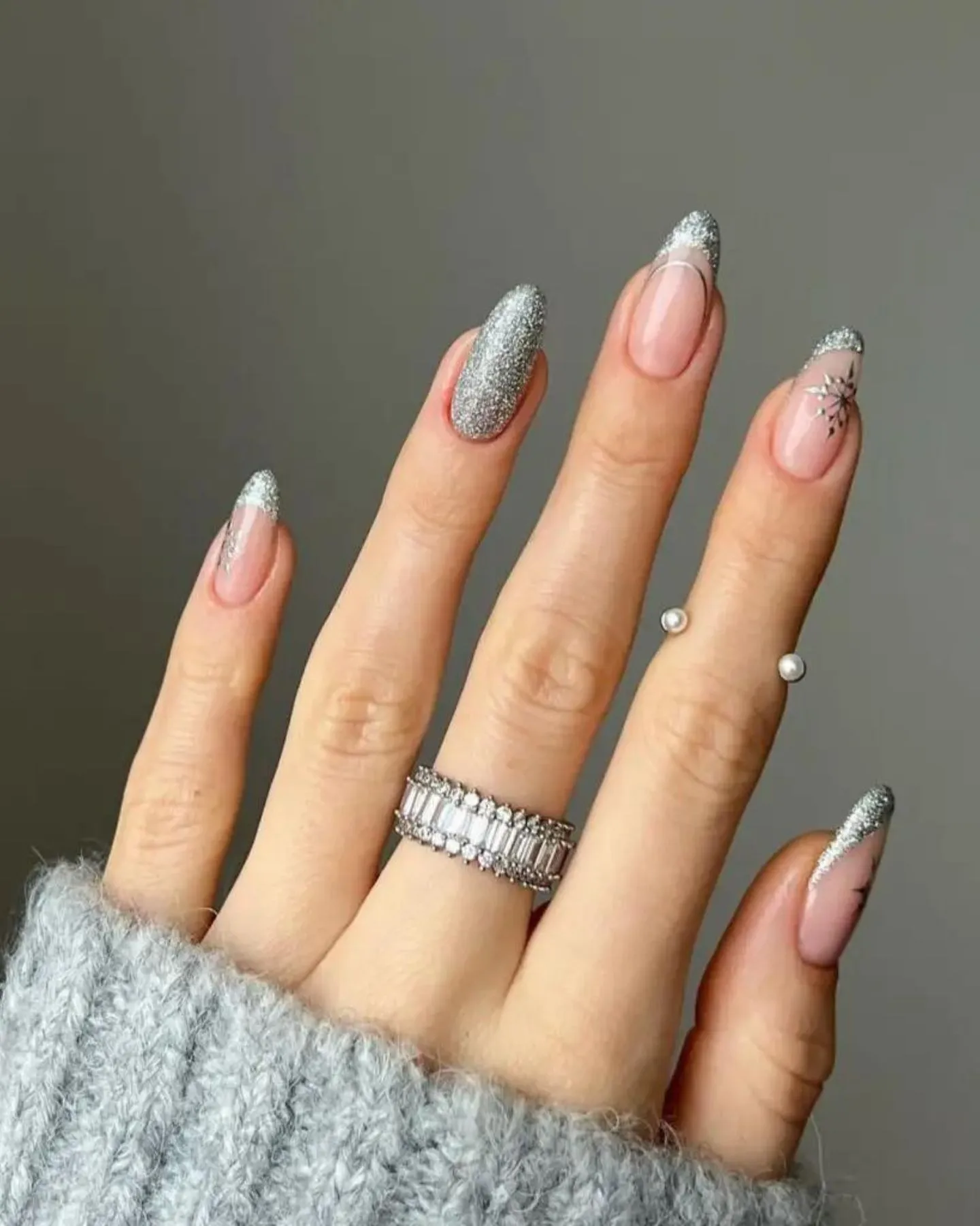 Snowflake Glitter French Almond Nails Snowflake Glitter French Almond Nails — Winter Glitter Nails 2027