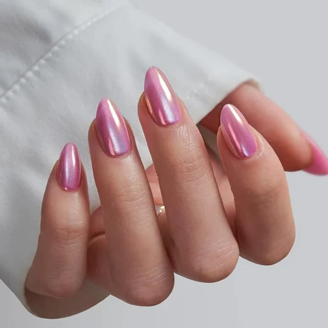 Iridescent Pink Chrome Almonds Iridescent Pink Chrome Almonds — Spring Press On Nails 2027