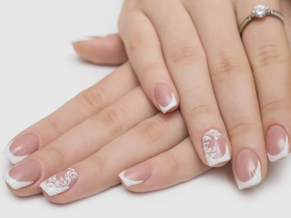 Short Square Sheer Nude with Lace Decals Short Square Sheer Nude with Lace Decals — Wedding Square Nails 2027