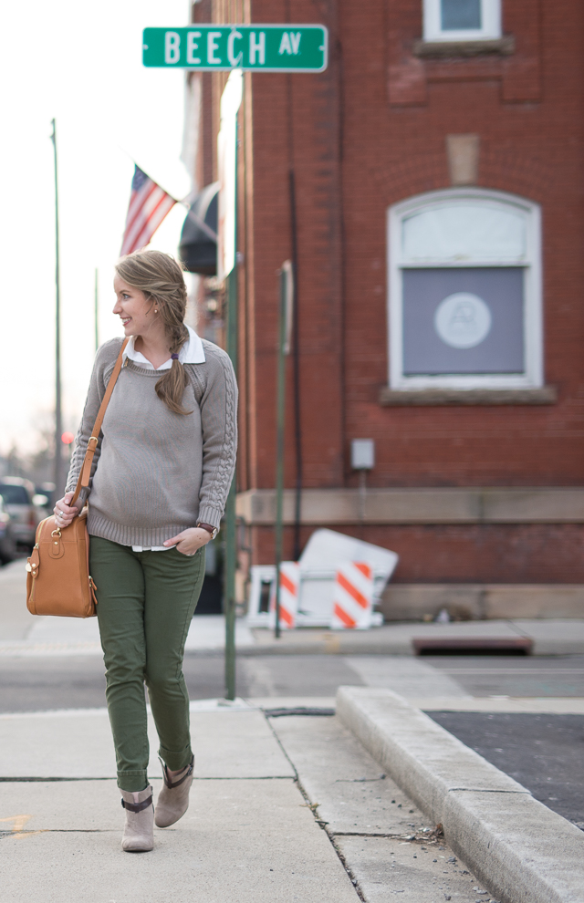 Classic Casual Beige Cable Knit Sweater with Olive Pants Classic Casual Beige Cable Knit Sweater with Olive Pants — Winter Maternity Outfits