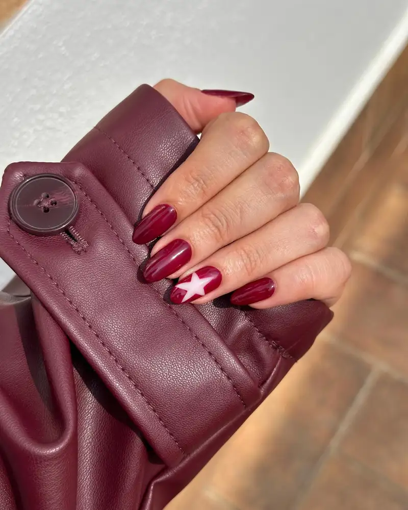 Long Almond White Star Accent Long Almond White Star Accent — Burgundy Christmas Nails 2026