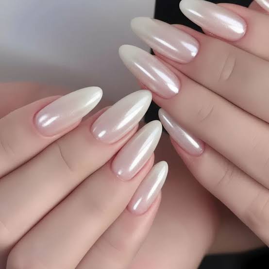 Pearlescent White Medium Almond Nails — White Wedding Nails 2027