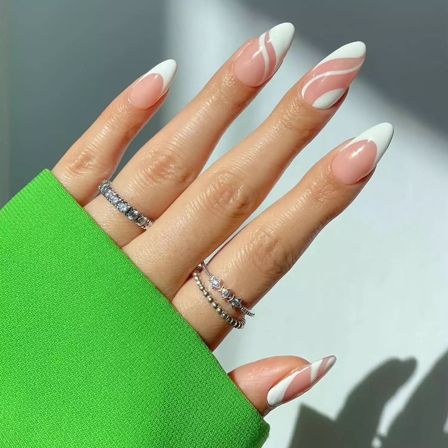 Sheer Pink French with Wavy Lines Sheer Pink French with Wavy Lines — Trendy Almond Nail Designs