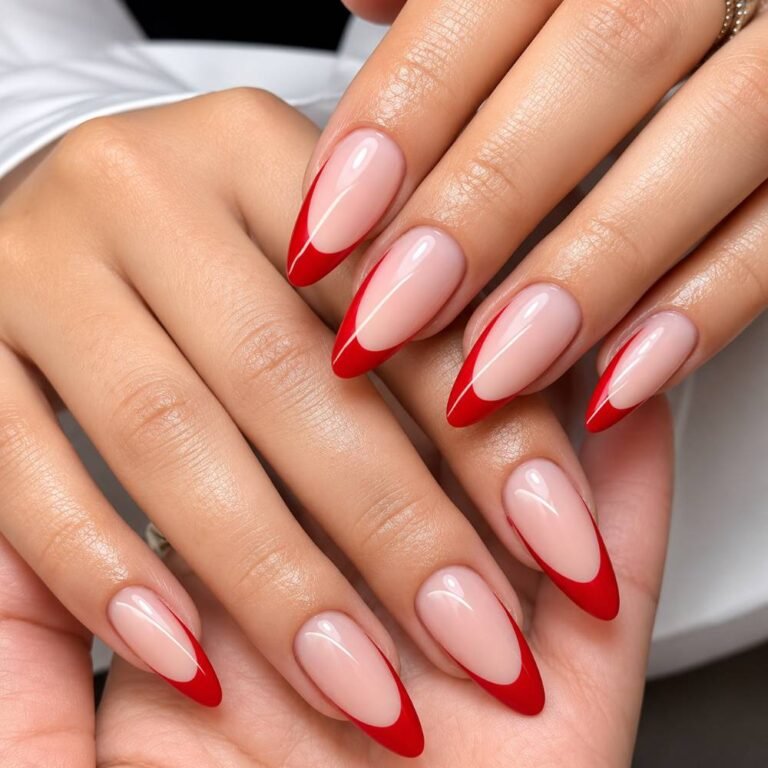 Sheer Nude with Bold Red French Tips Sheer Nude with Bold Red French Tips — Trendy Almond Nail Designs