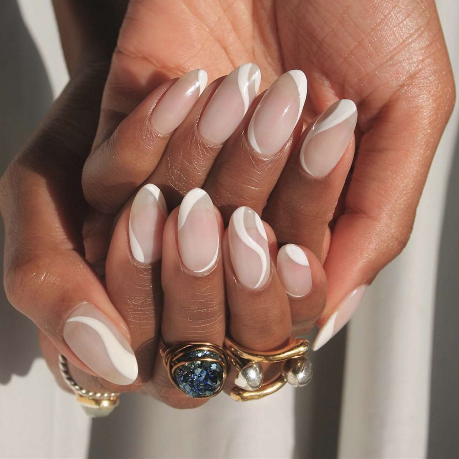 Sheer Nude with Abstract White Swirls Sheer Nude with Abstract White Swirls — Trendy Almond Nail Designs