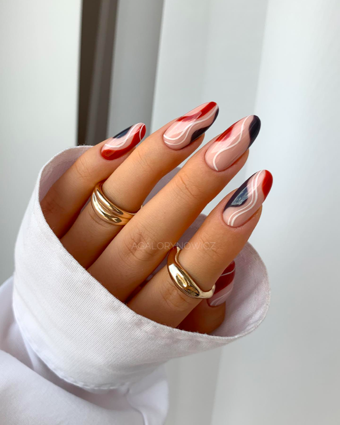 Nude with Red White Black Abstract Lines Nude with Red White Black Abstract Lines — Trendy Almond Nail Designs