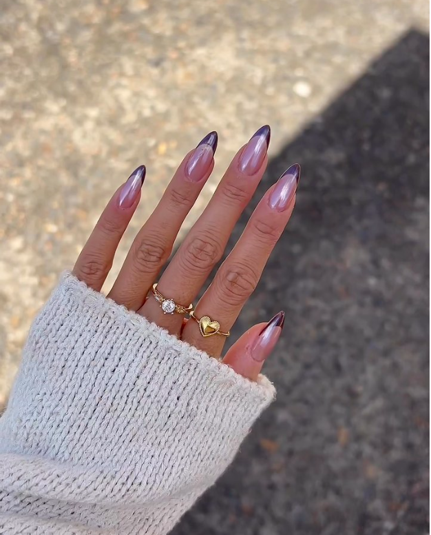 Sheer Pink with Iridescent Chrome French Tips Sheer Pink with Iridescent Chrome French Tips — Trendy Almond Nail Designs