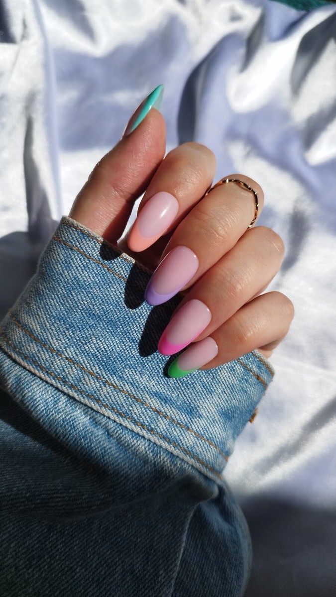 Pastel Multi-Colored French Tips Pastel Multi-Colored French Tips — Trendy Almond Nail Designs