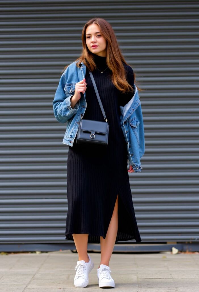 Ribbed Sweater Dress Layered with a Denim Jacket and White Sneakers — Sweater Dress Outfits