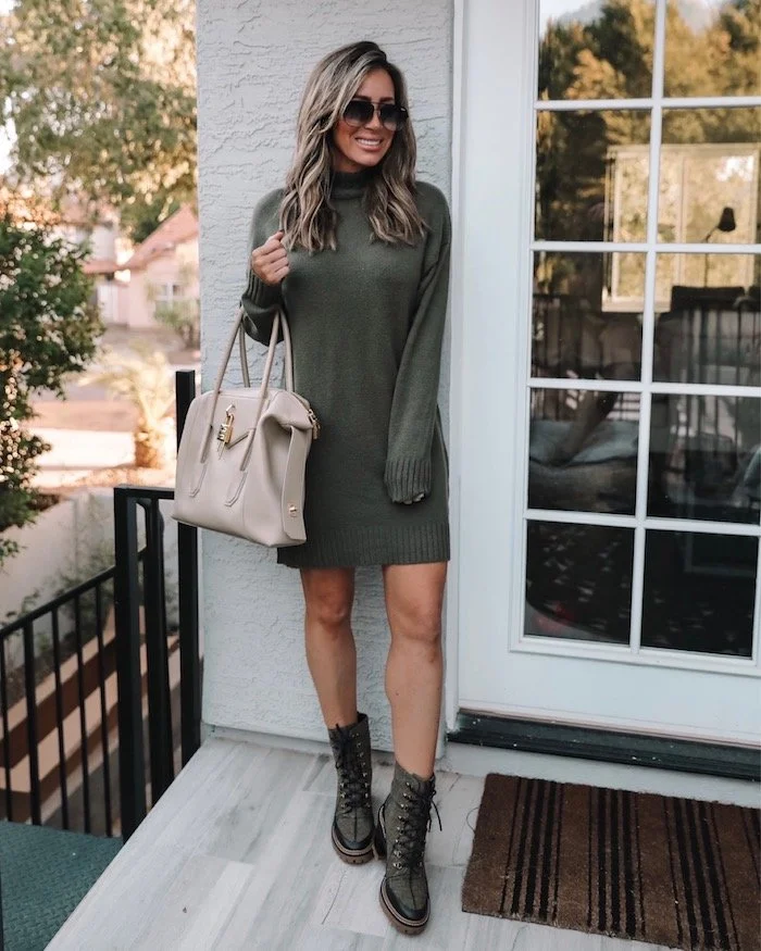 Olive Green Sweater Dress with Green Lace-Up Boots and Beige Tote — Sweater Dress Outfits