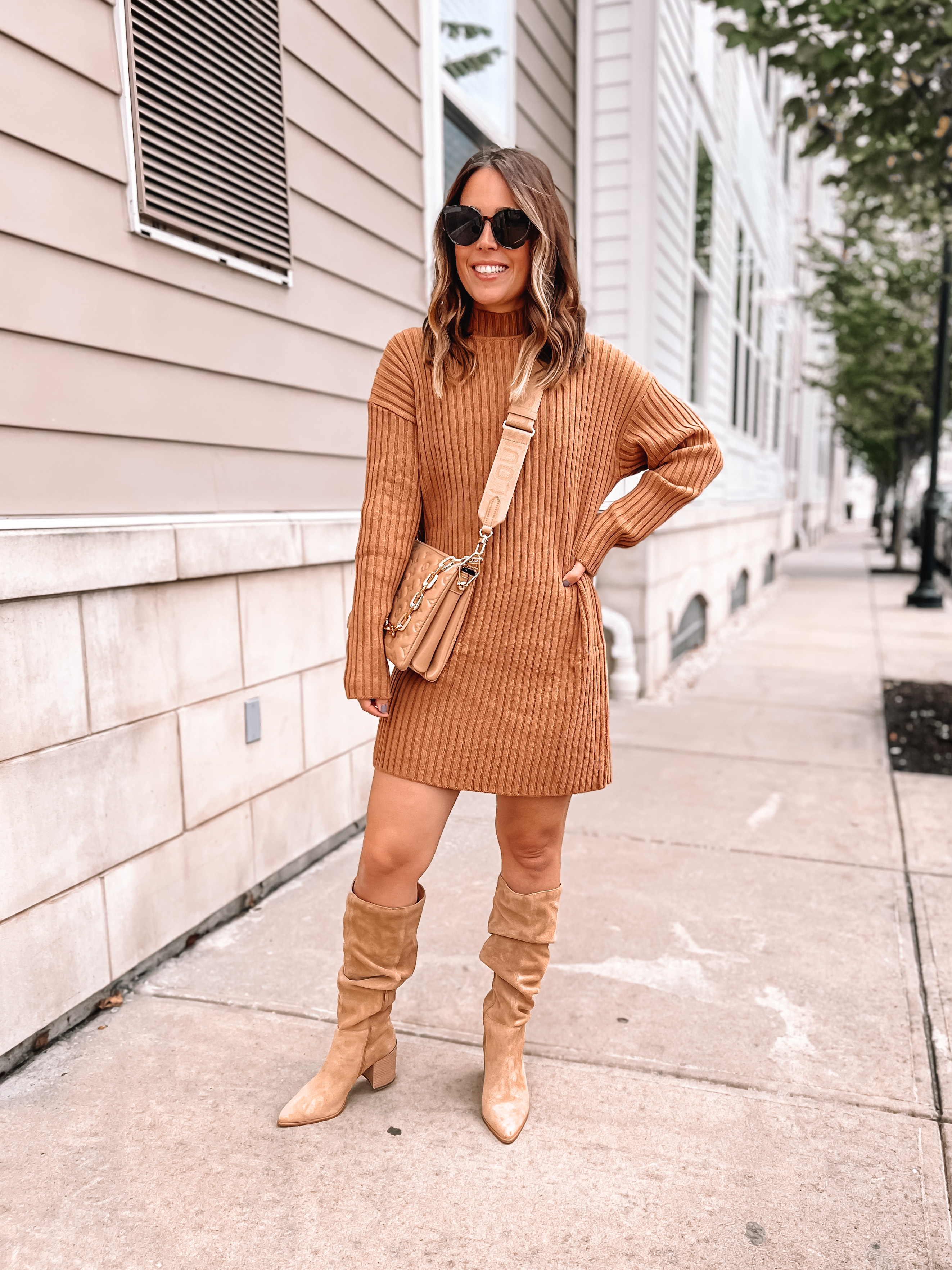 Camel Ribbed Sweater Dress with Matching Tan Boots and Bag — Sweater Dress Outfits