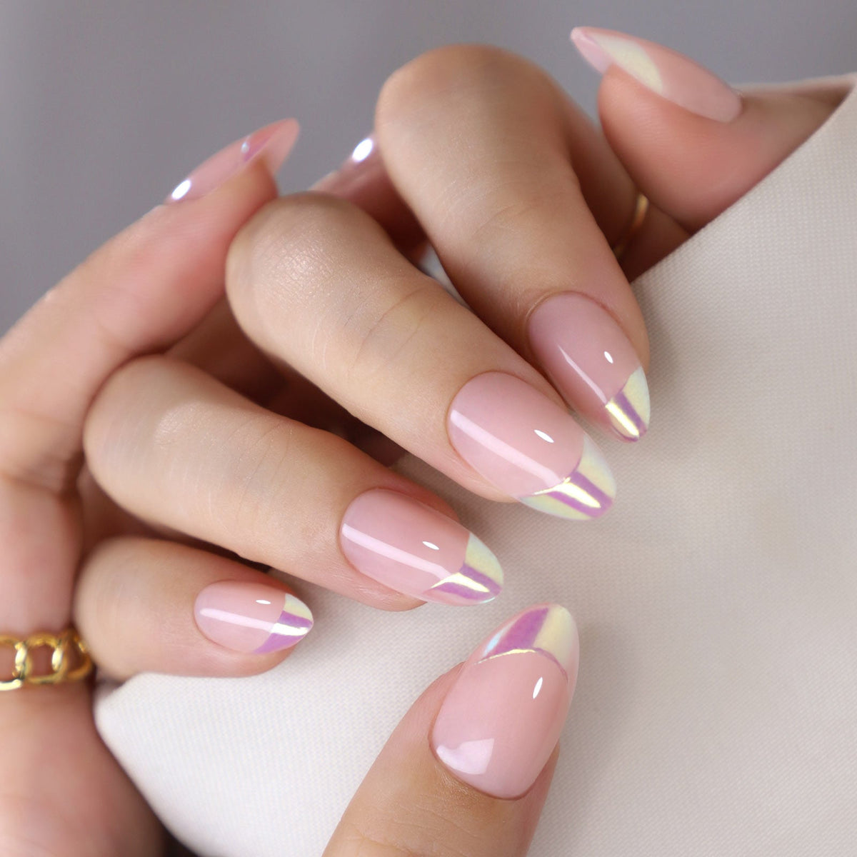 Holographic French Medium Oval Nails Holographic French Medium Oval Nails — Wedding Guest Nails 2027