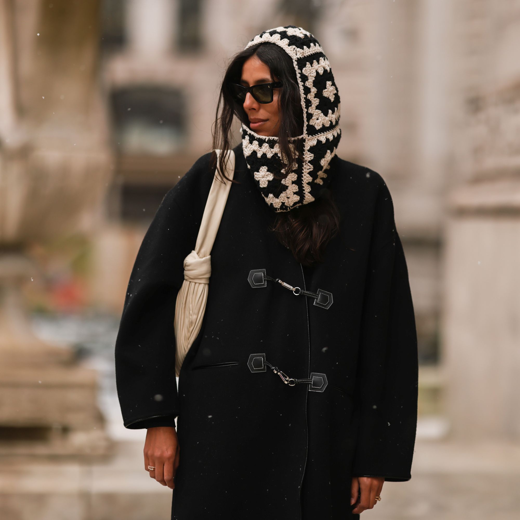Duffle Coat with Crocheted Hooded Scarf for Winter Warmth — Preppy Winter Outfits