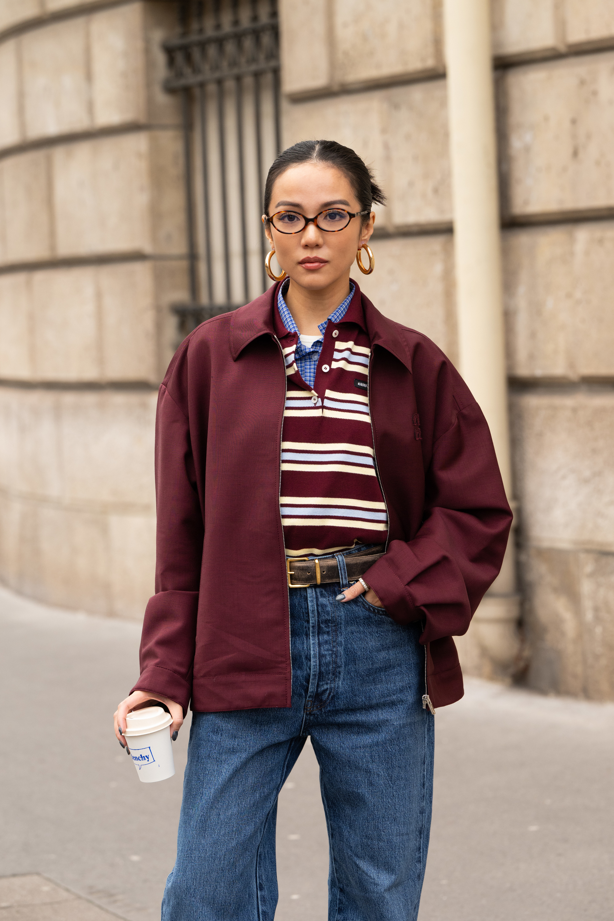 Burgundy Bomber Jacket Over Striped Polo for Modern Preppy — Preppy Winter Outfits