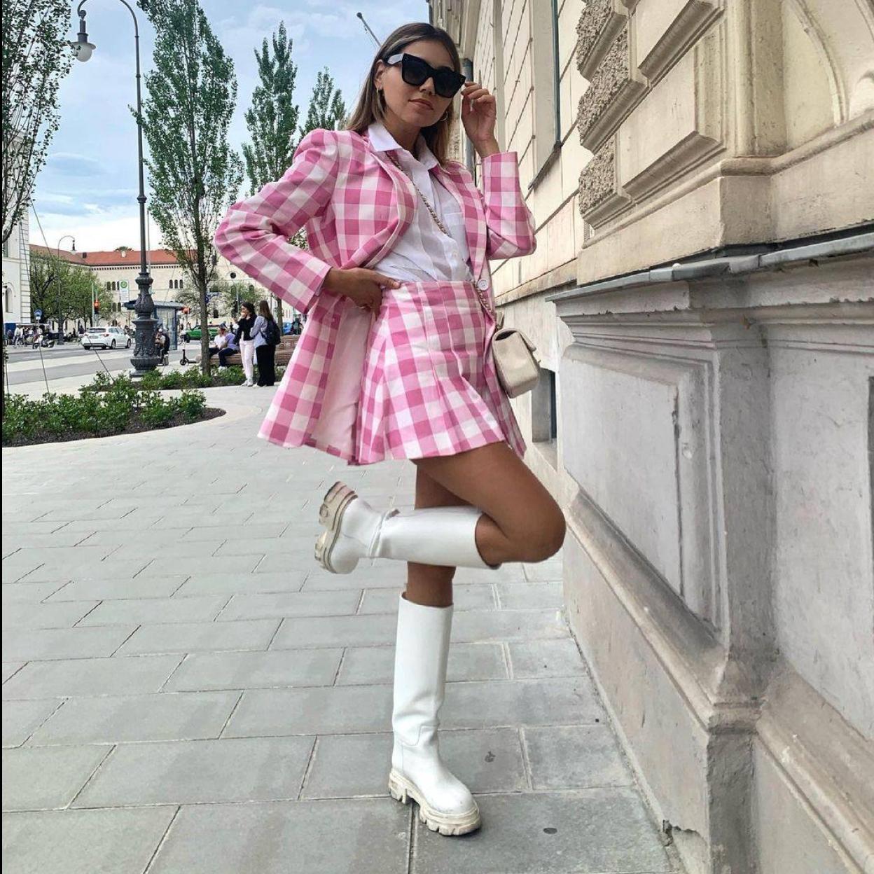 Checkered Blazer and Skirt with White Knee-High Boots — Preppy Winter Outfits