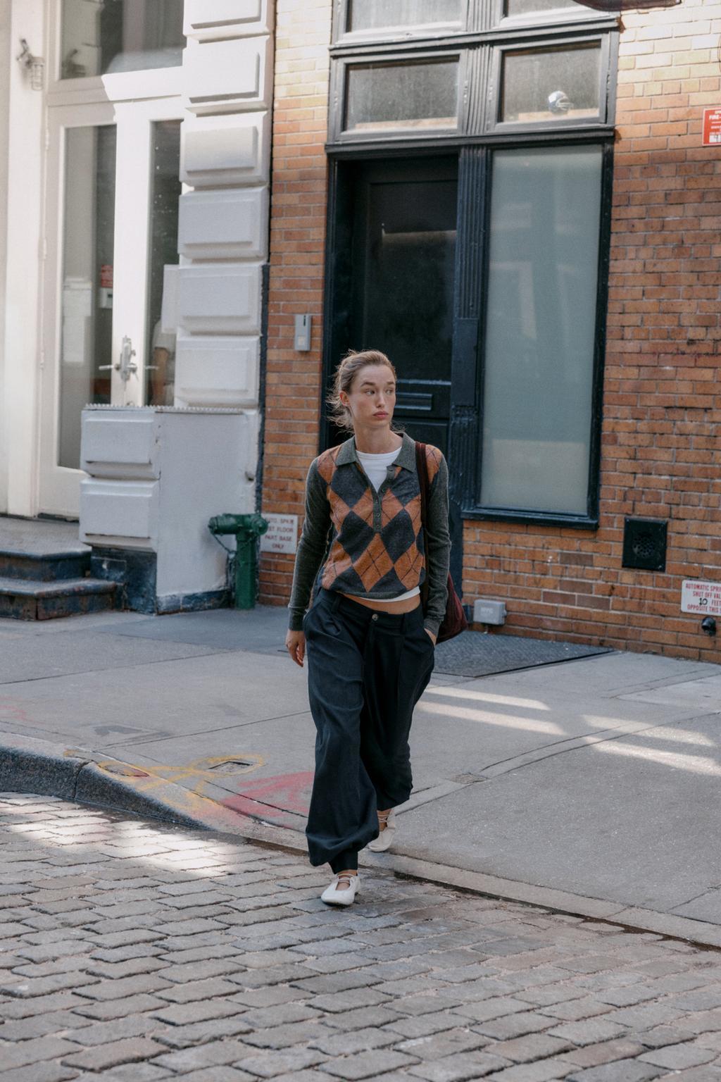 Argyle Knit Polo and Wide-Leg Trousers for Casual Comfort — Preppy Winter Outfits