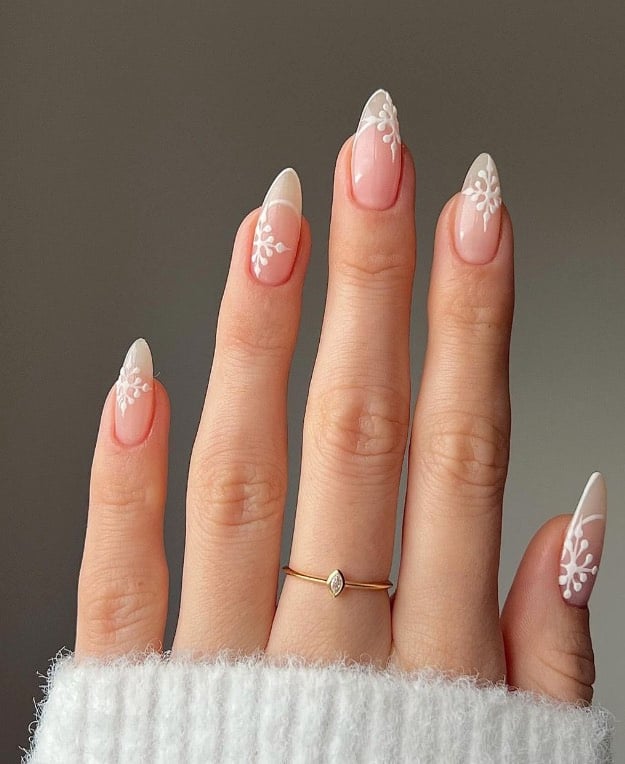 Long Almond Pink French Snowflake Long Almond Pink French Snowflake — Simple Winter Nails