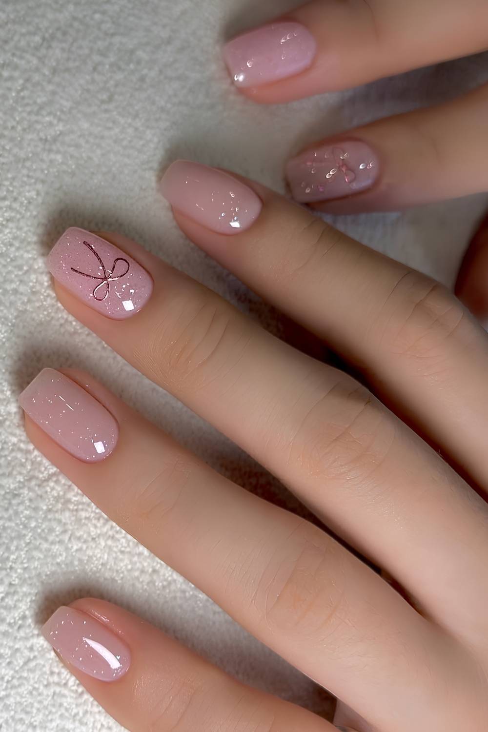 Short Square Pale Pink Rose Gold Bow Short Square Pale Pink Rose Gold Bow — Simple Winter Nails