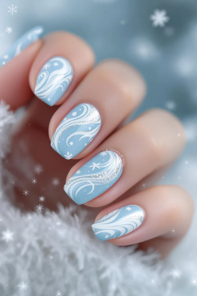 Short Oval Light Blue Glitter Swirls Short Oval Light Blue Glitter Swirls — Simple Winter Nails