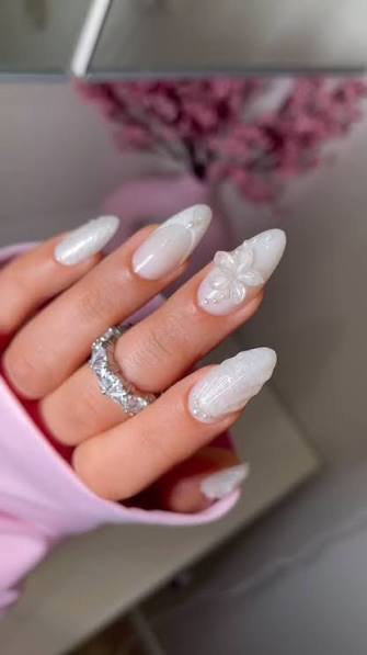 Pearlescent Shimmer Almond with 3D Floral — trendy almond nail designs