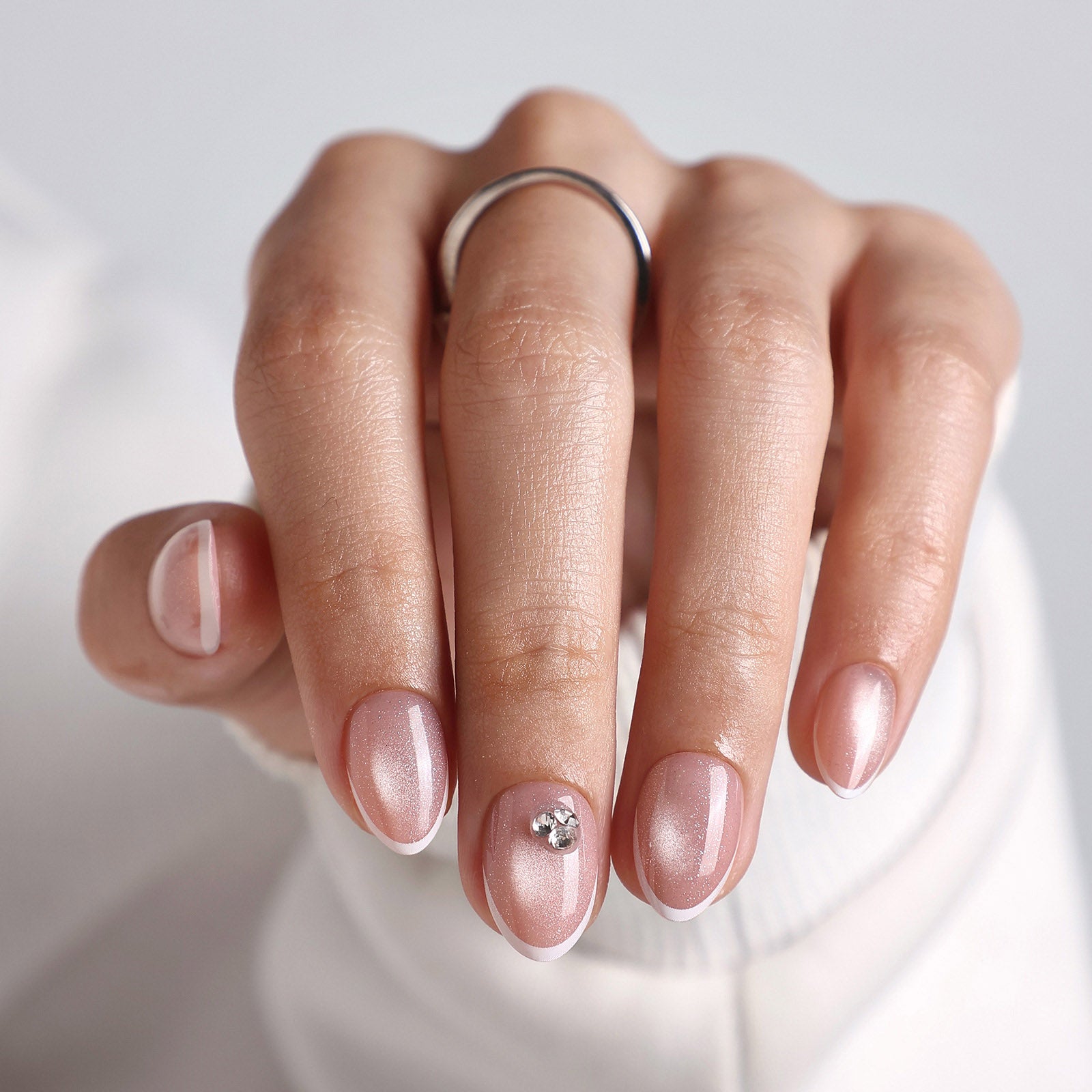 Nude Pink Shimmer Cat Eye French Almonds Nude Pink Shimmer Cat Eye French Almonds — Short Winter Almond Nails