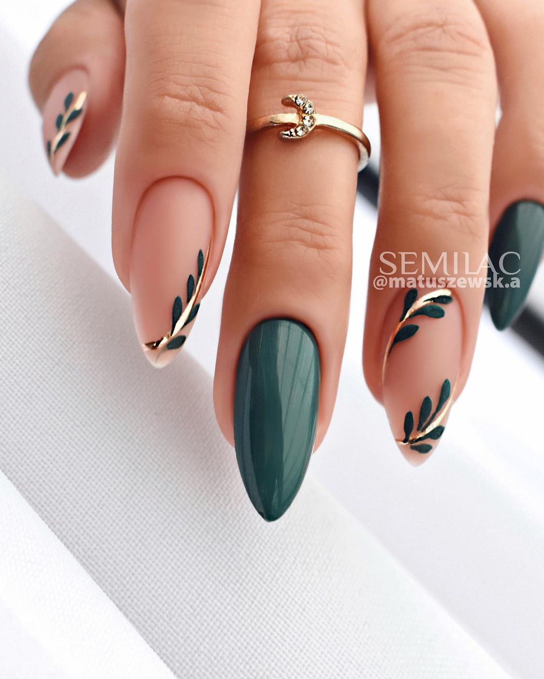 Deep Green Nude Matte Gold Leaf Almond Nails Deep Green Nude Matte Gold Leaf Almond Nails — Simple Nail Designs
