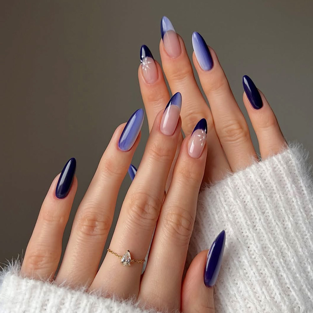 Glossy Navy Light Blue Ombre Snowflake French Tip Almond Nails Glossy Navy Light Blue Ombre Snowflake French Tip Almond Nails — Winter Almond Nails