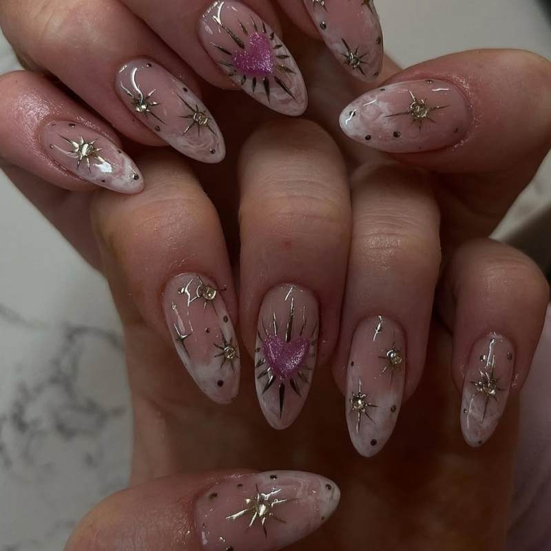 Clear Marble Gold Star Heart Gem Almond Nails Clear Marble Gold Star Heart Gem Almond Nails — Winter Almond Nails