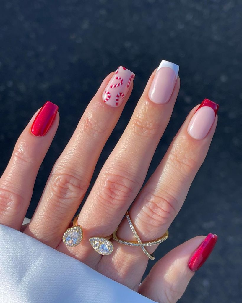 Medium Square Red Candy Cane French Tips Medium Square Red Candy Cane French Tips — Christmas Square Nails 2026