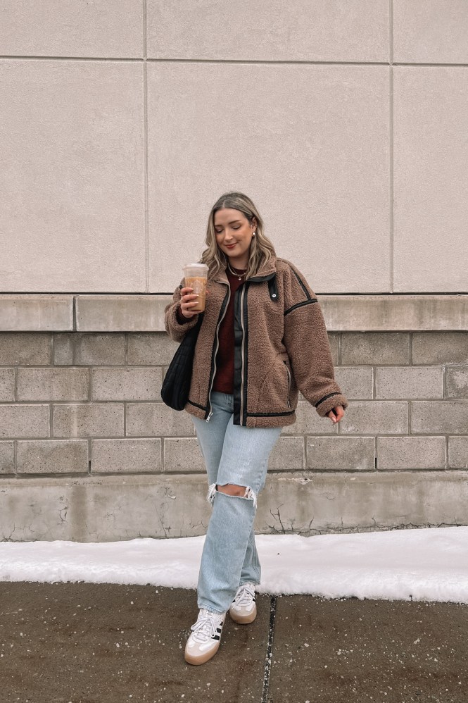 Brown Teddy Fleece Jacket with Burgundy Sweatshirt and Ripped Jeans — January Outfits