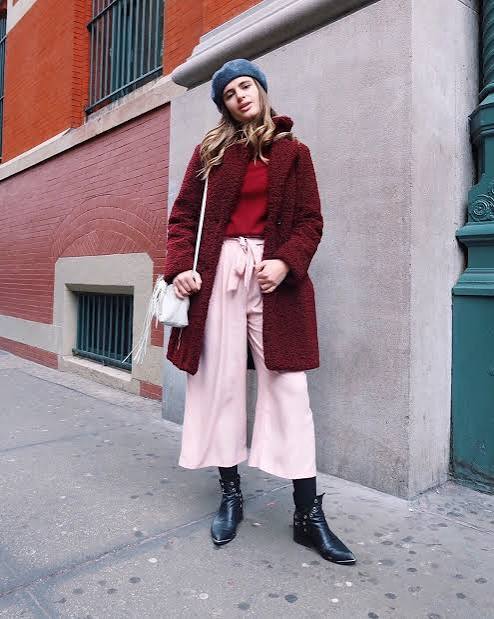 Burgundy Textured Coat with Pink Trousers and Grey Beret — January Outfits