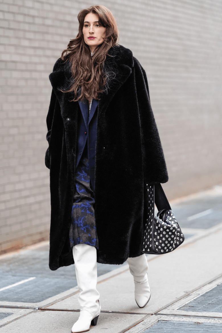 Long Faux Fur Coat with Patterned Trousers for Chic Winter Grunge — Grunge Winter Outfits