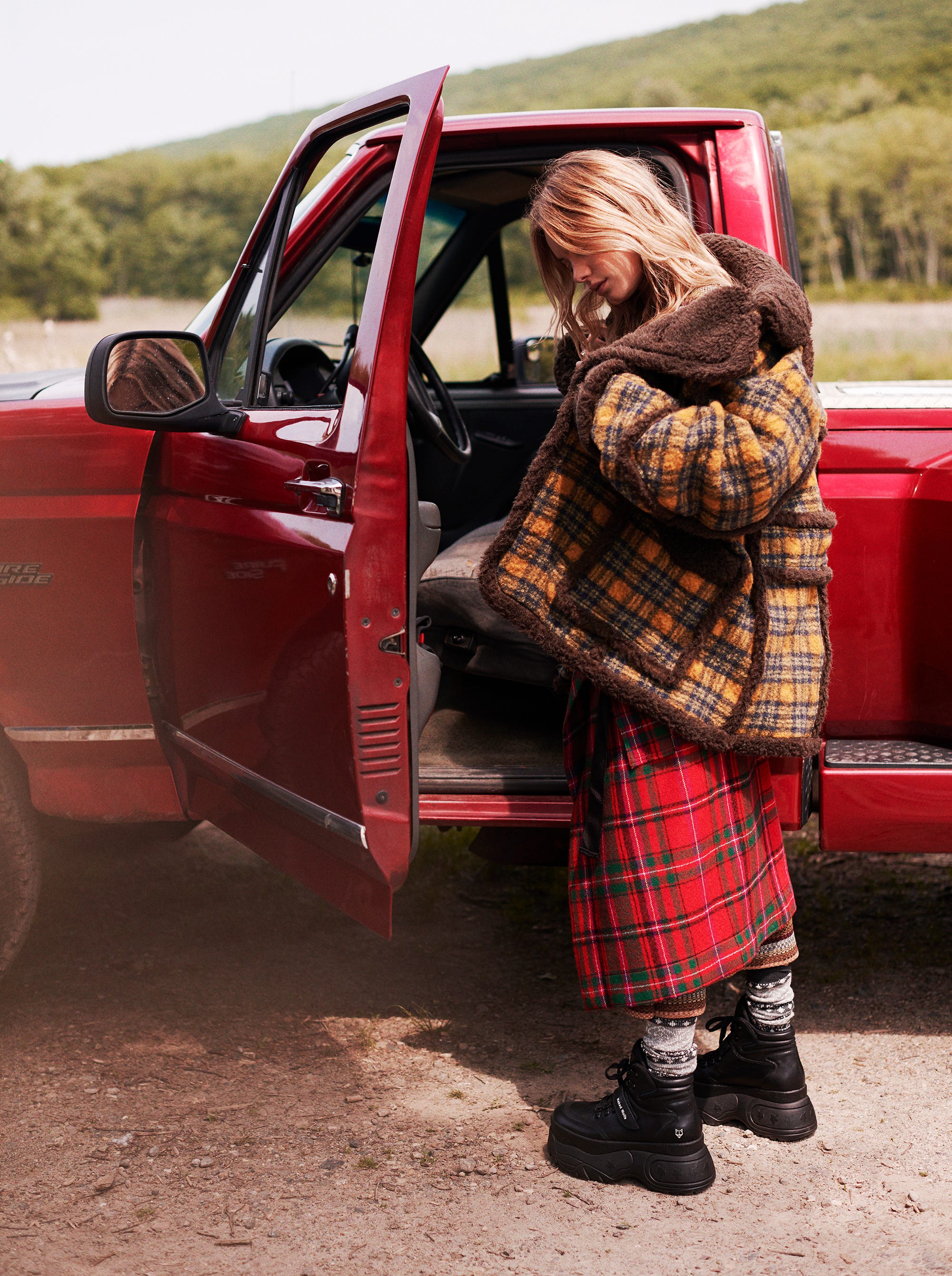 Oversized Plaid Coat and Red Plaid Skirt for Cozy Winter Layers — Grunge Winter Outfits