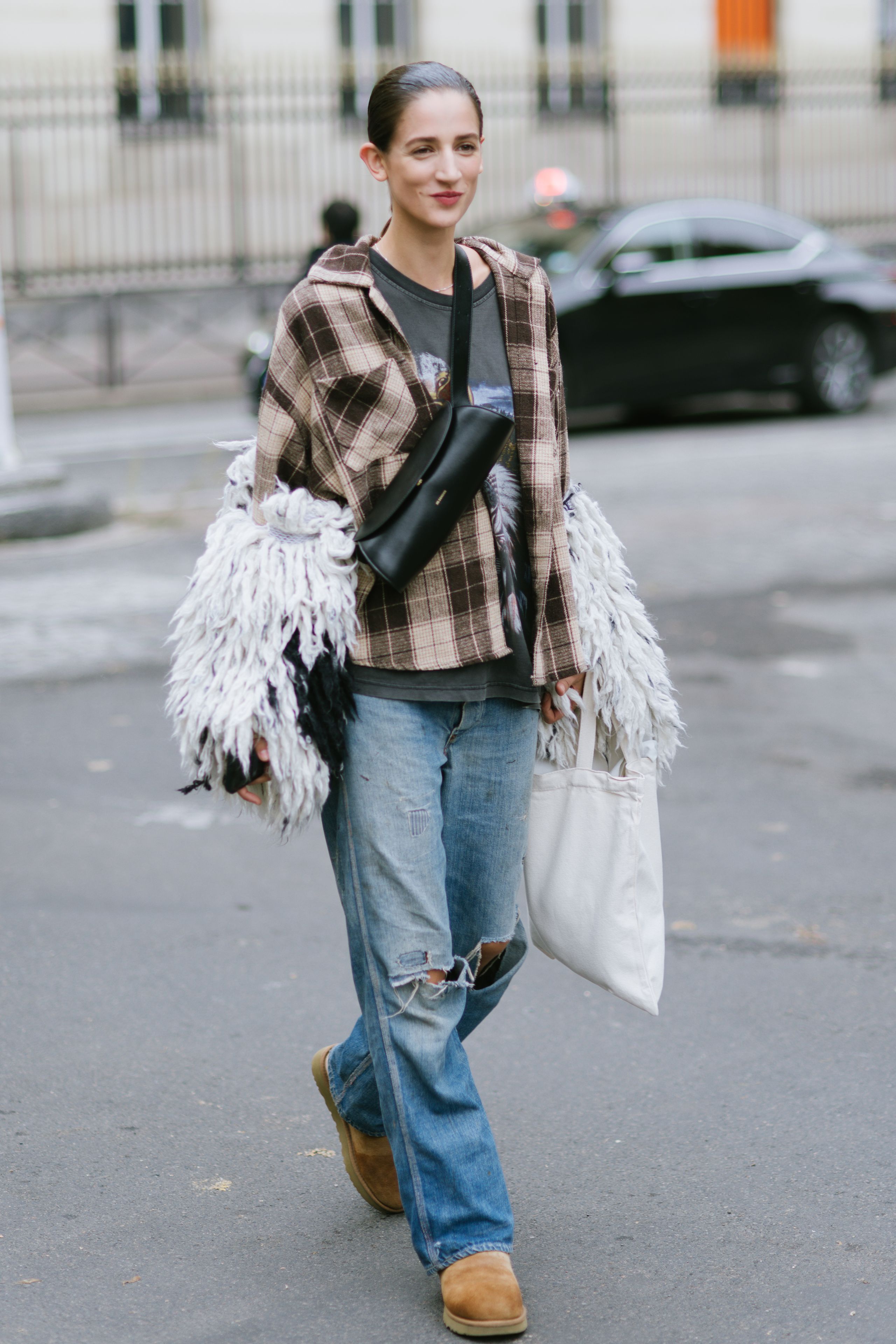 Fluffy Vest Layered Over Plaid Shirt for Textured Grunge — Grunge Winter Outfits