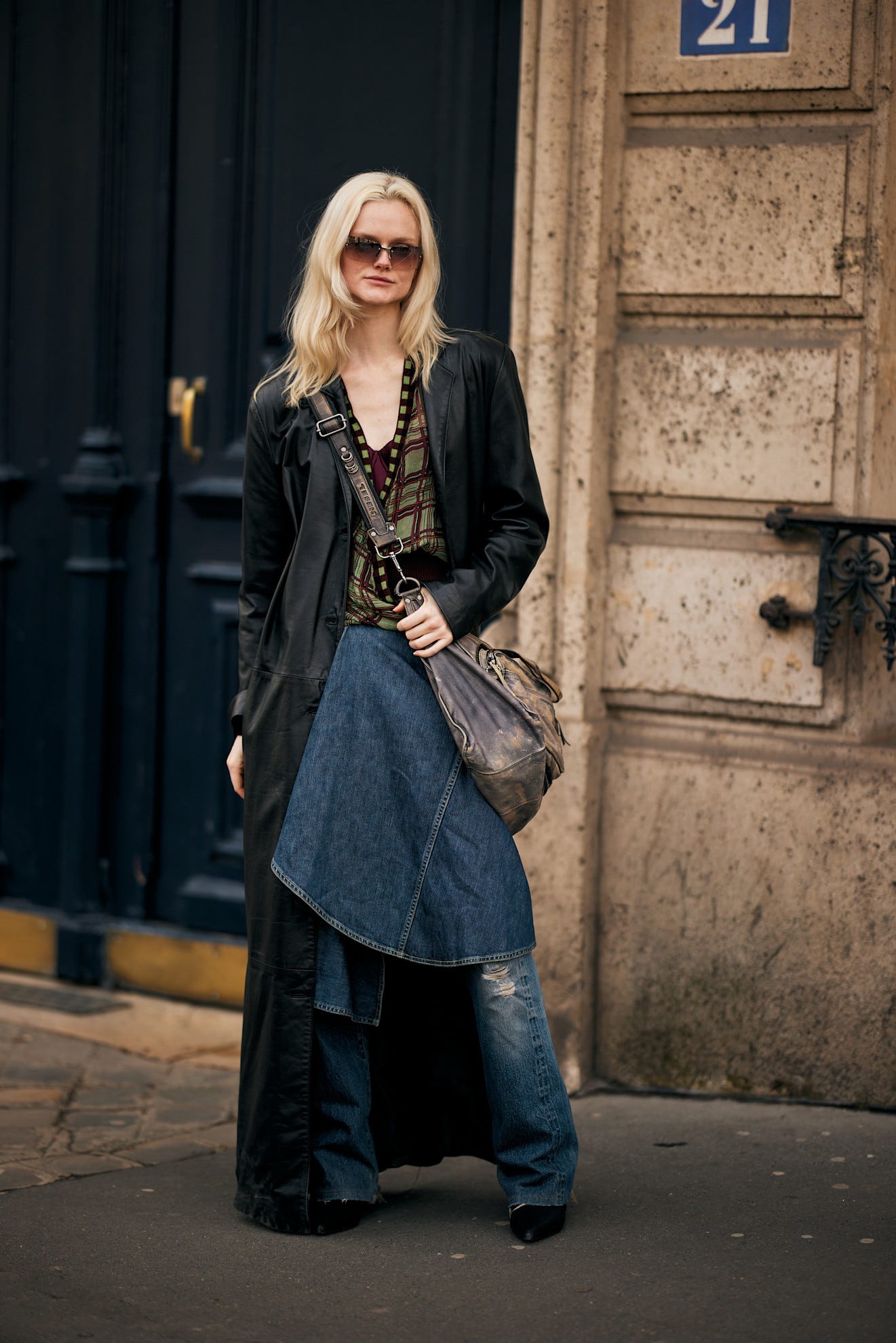 Long Leather Coat over Denim Skirt and Distressed Jeans — Grunge Winter Outfits