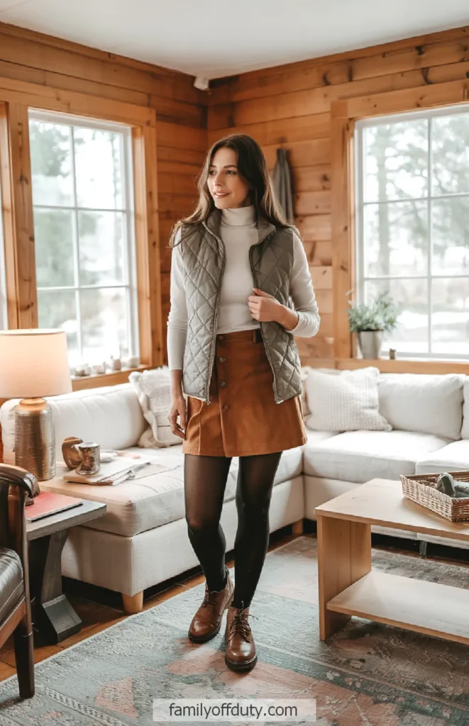 Textured Layers: Quilted Vest and Suede Skirt Textured Layers: Quilted Vest and Suede Skirt — Cabin Trip Outfits