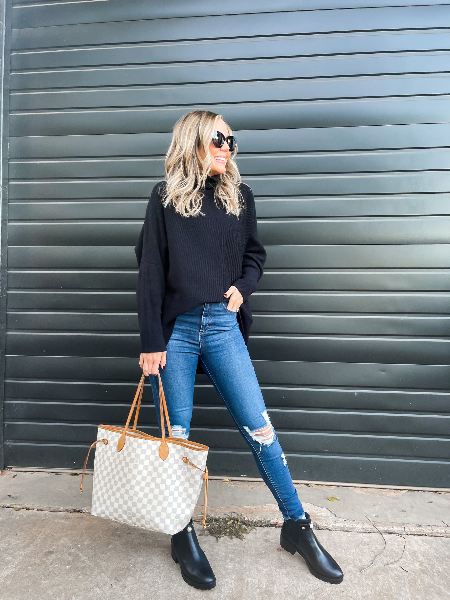 Black Oversized Turtleneck Sweater with Ripped Jeans and Ankle Boots — Oversized Sweater Outfits