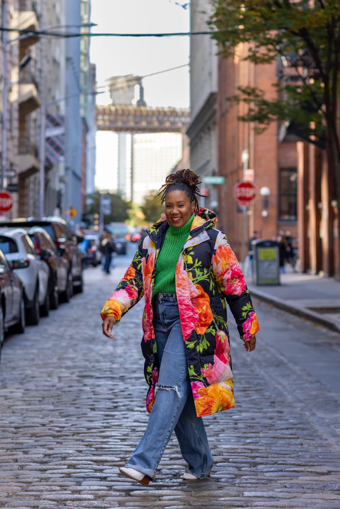 Playful Winter Parka: Floral Print and Bright Colors — Winter Outfits for Curvy Women