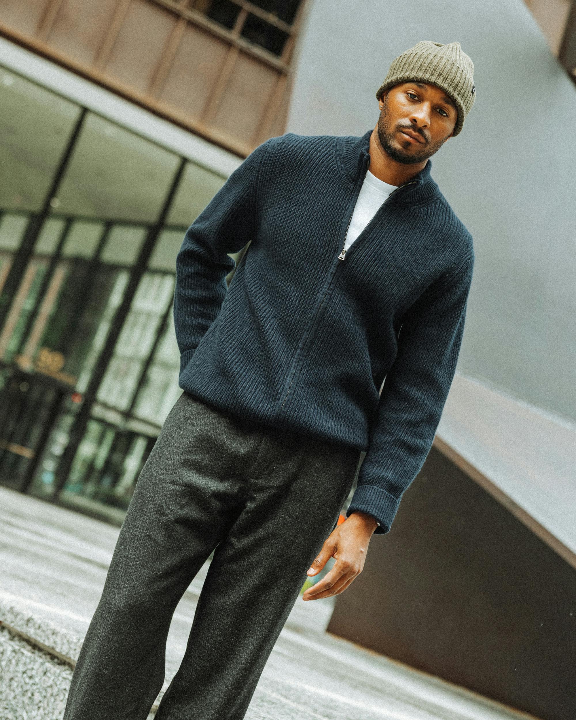 Modern Casual: Zip-Up Knit Sweater with Sneakers — Mens Casual Outfits