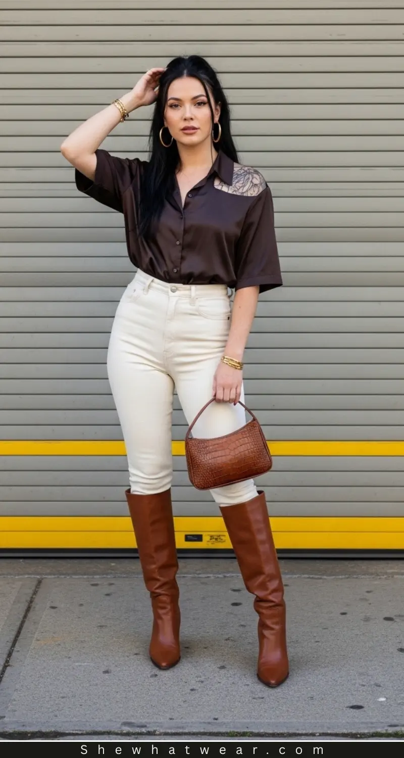 Satin Shirt and Denim with Leather Boots Satin Shirt and Denim with Leather Boots — Brown Boots Outfits