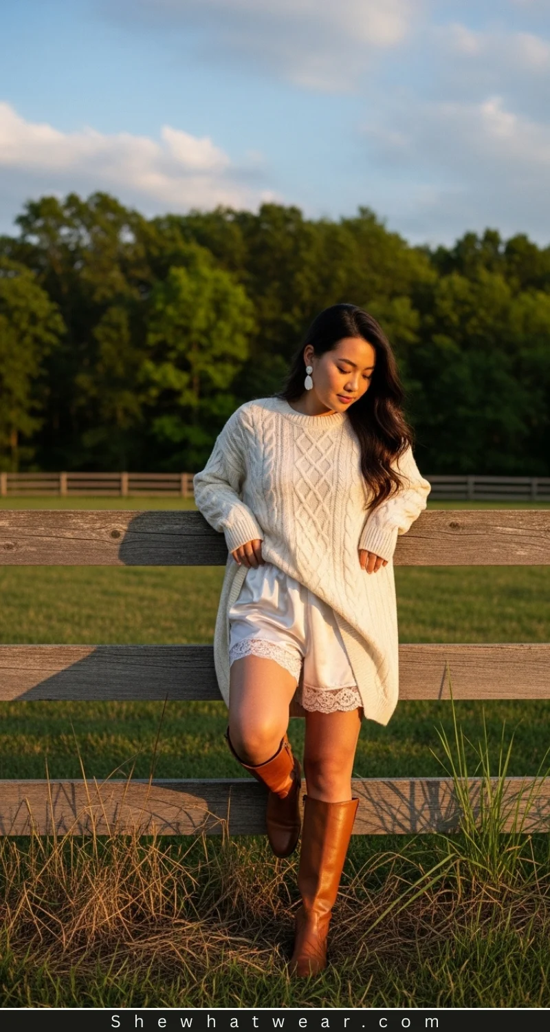 Oversized Sweater and Slip Shorts with Boots Oversized Sweater and Slip Shorts with Boots — Brown Boots Outfits