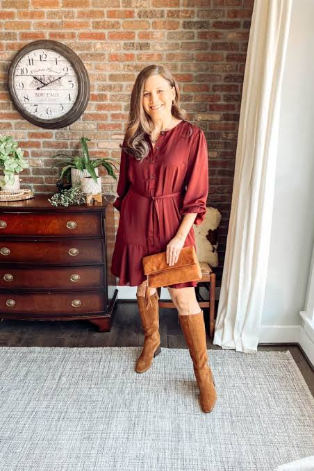 Satin Dress and Suede Boots for Day Out Satin Dress and Suede Boots for Day Out — Brown Boots Outfits