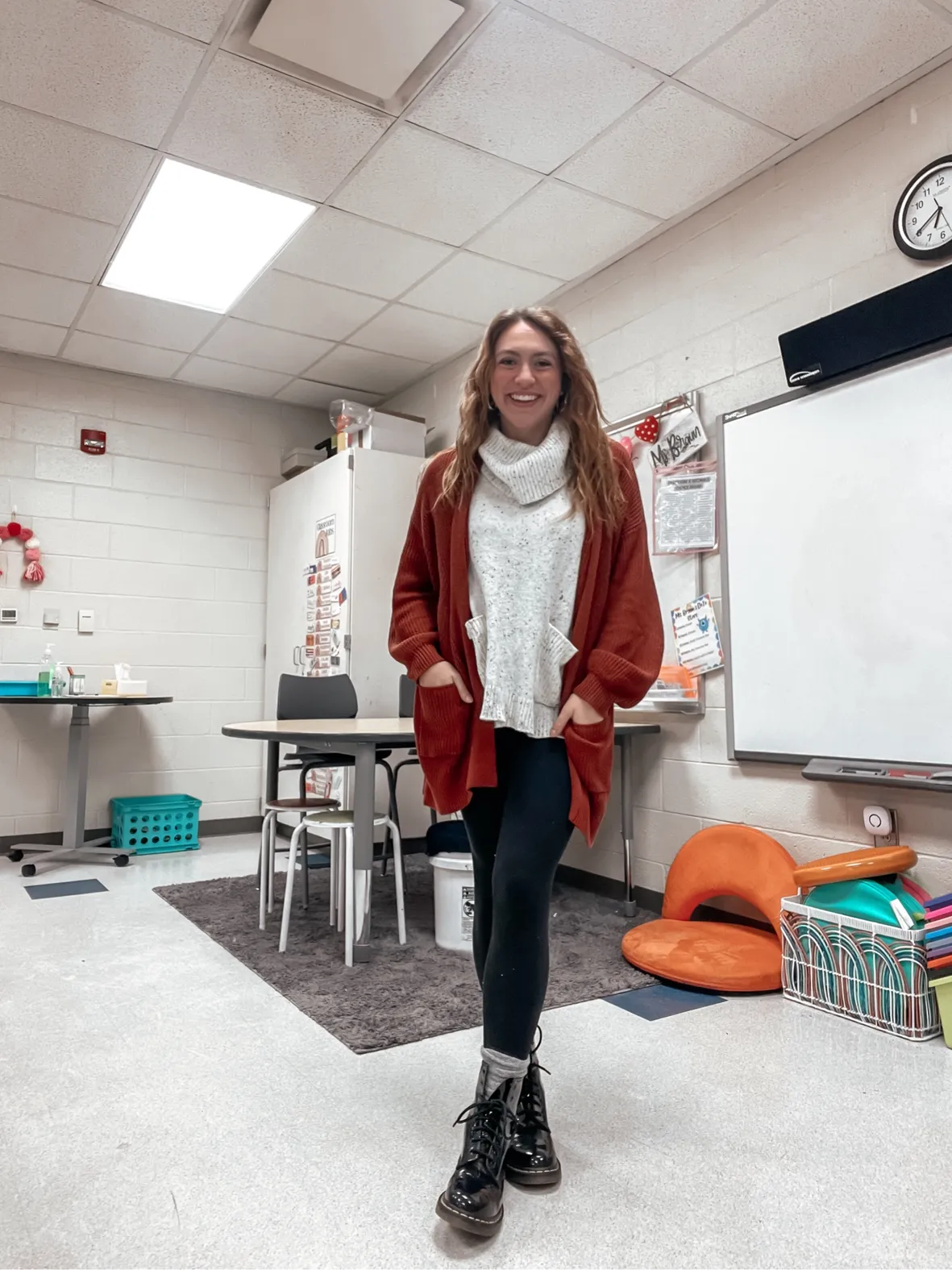 Rust Orange Chunky Knit Cardigan Over Grey Turtleneck — Winter Teacher Outfits