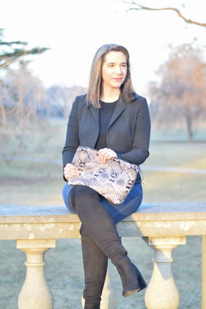 Black Blazer with Over-the-Knee Boots and Snakeskin Clutch — Winter Teacher Outfits