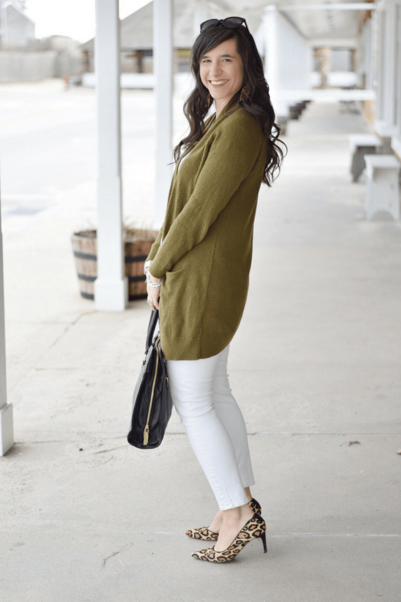 Olive Green Cardigan with Leopard Print Heels — Winter Teacher Outfits