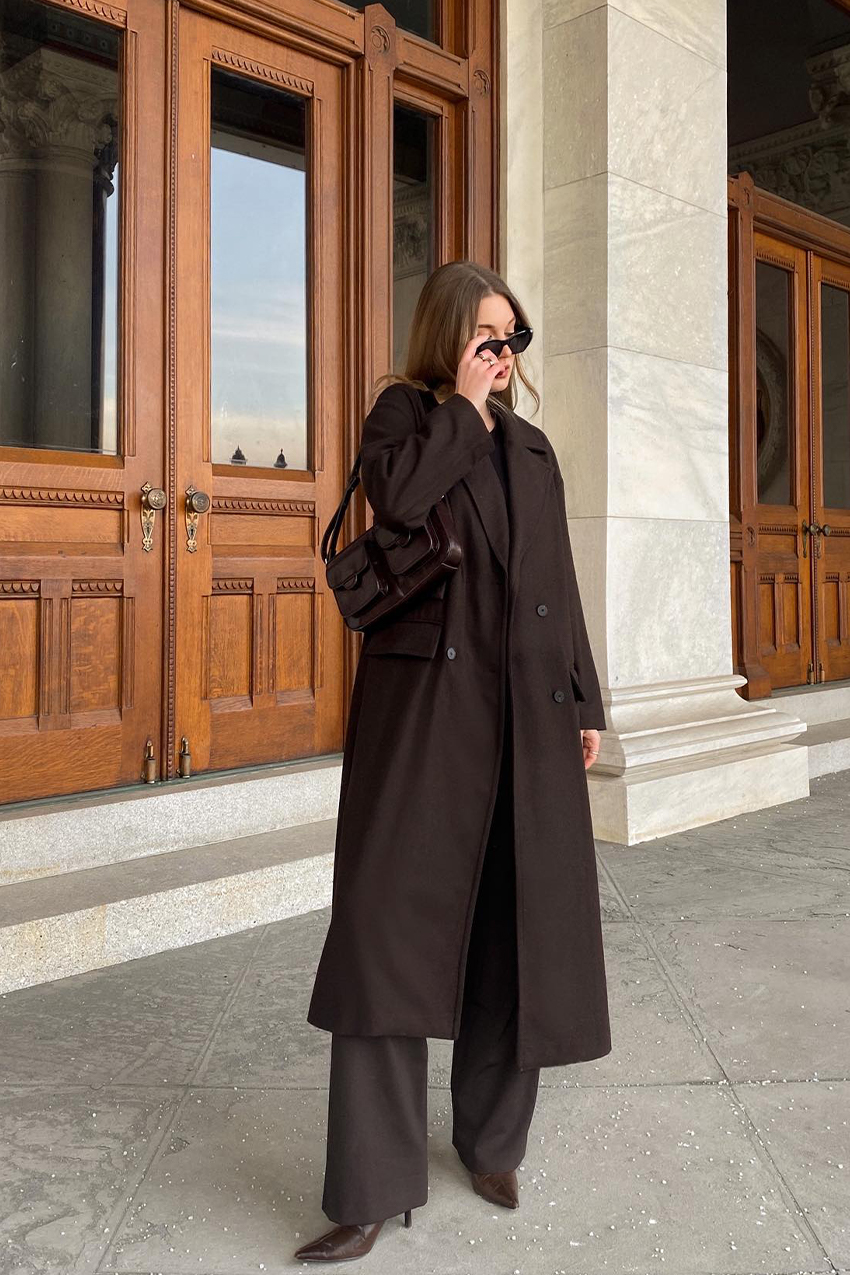Sophisticated Monochromatic: Dark Brown Long Coat Outfit Sophisticated Monochromatic: Dark Brown Long Coat Outfit — Long Coat Outfits