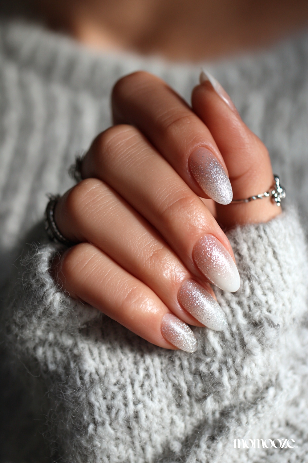 Sheer White Glitter Gradient Almond Nails — Winter White Nails
