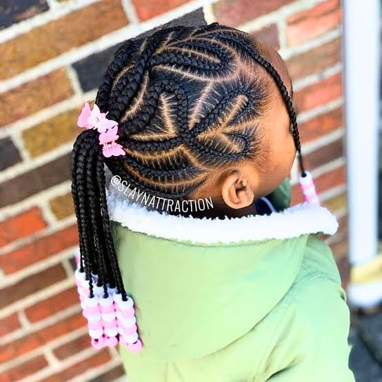 Shoulder Cornrow Pigtails with Pink Beads — Winter Hairstyles for Black Kids