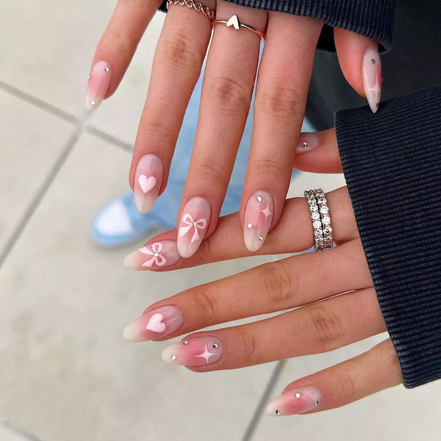 Nude Almonds with Pink Hearts and Bows Nude Almonds with Pink Hearts and Bows — Mismatched Heart Nails 2027